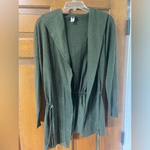 Hunter green cardigan with hood and cinch drawstrings